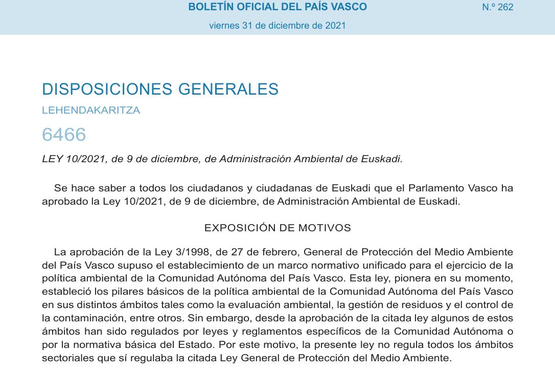 Publicada la LEY 10/2021, de 9 de diciembre, de Administración Ambiental de Euskadi.